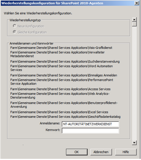 Dialogfeld "Konfigurationseinstellungen wiederherstellen" in SharePoint Server 2010
