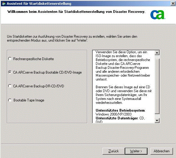 Option "CA ARCserve Backup Bootable CD/DVD-Image"