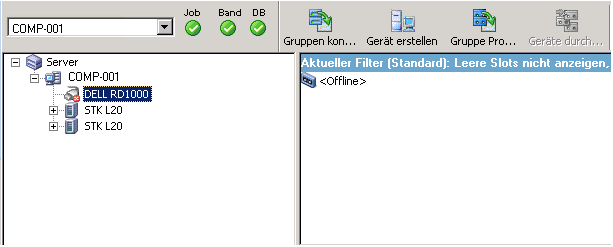 Gerätemanager-Fenster mit einem Offline-Bibliothekslaufwerk.