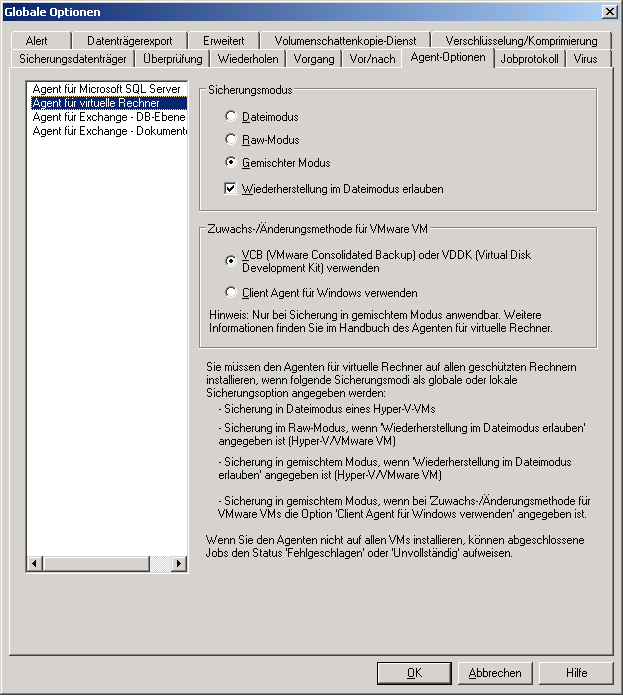 Dialogfeld "Globale Optionen" des Sicherungs-Managers mit ausgewählter Registerkarte "Agent-Optionen" und Anzeige der Optionen des "Agent für virtuelle Computer".