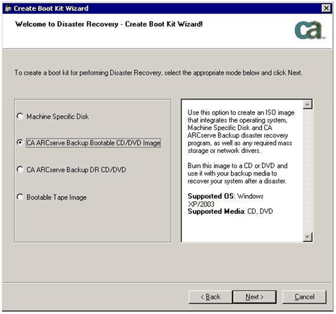 CA ARCserve Backup Bootable CD/DVD Image option