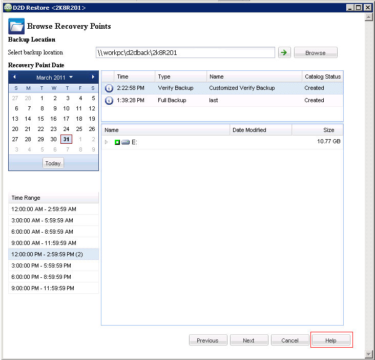 Browse Recovery Points dialog. The Help button is highlighted.