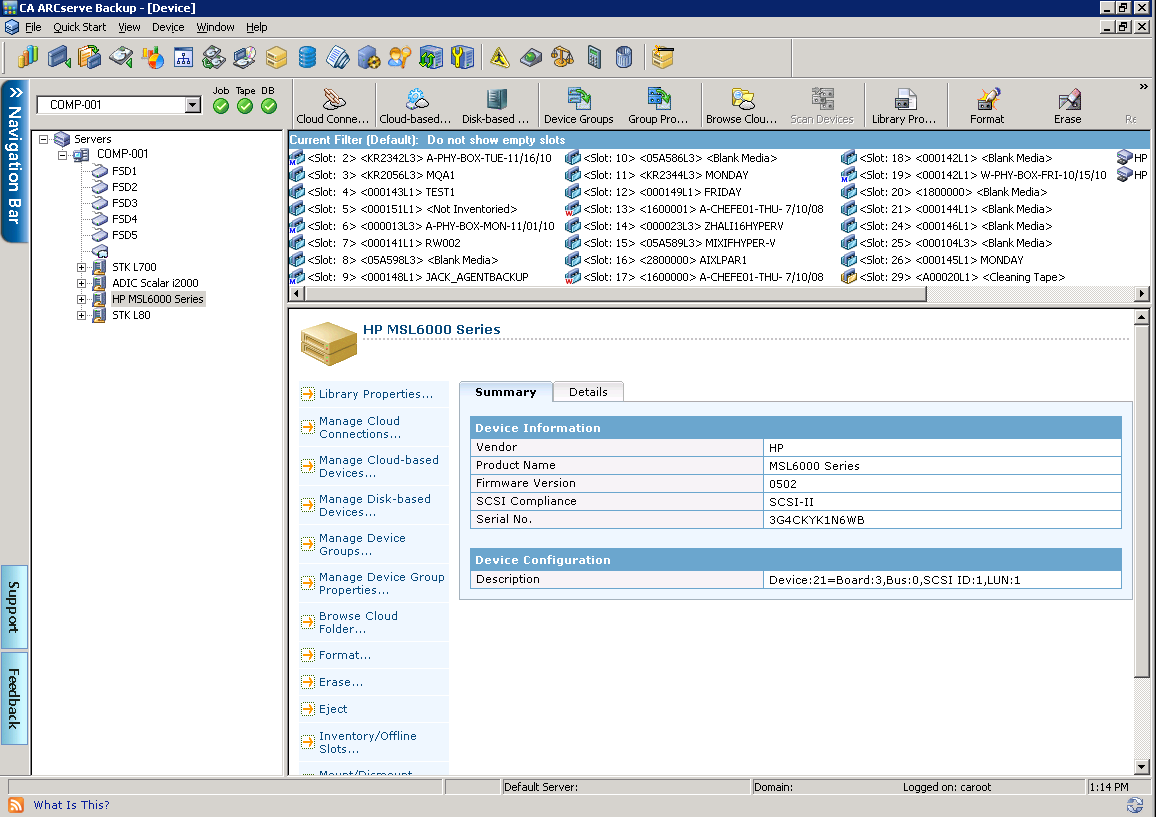 Device Manager Window. Summary information about libraries displays.