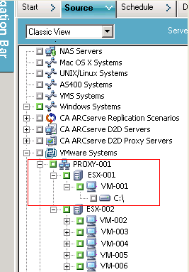 Backup Manager Window with the VMware VCB System Object expanded to display the virtual machines.