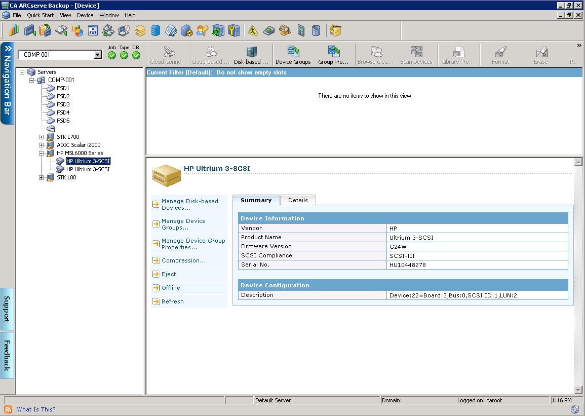 Device Manager Window. Summary informartion about library drives displays.