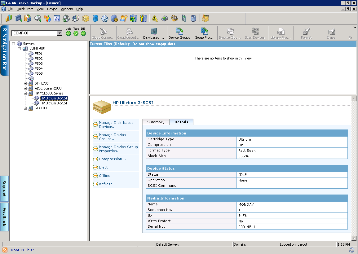 Device Manager window. Detailed information about library drives displays.