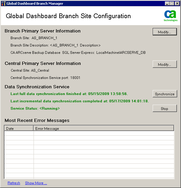 Branch Site Configuration Dialog