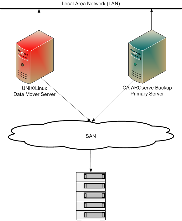Architecture Diagram: Data Mover Server Connected to the SAN with Shared Libraries