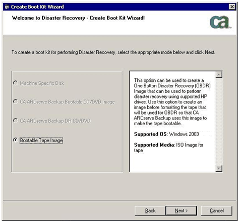 Create CA Bootable Tape Image for Windows 2003