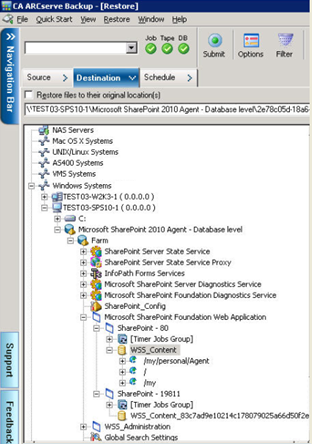 Click Destination tab to restore the database objects to an alternate location