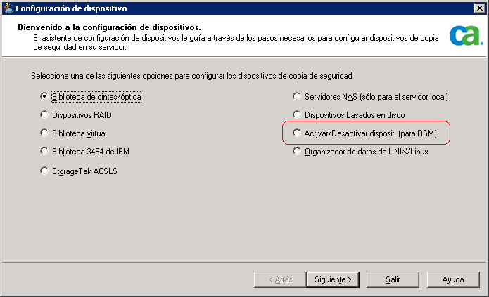 Pantalla de bienvenida de Configuración de dispositivo con Activar/Desactivar dispositivos (para RSM) resaltado.