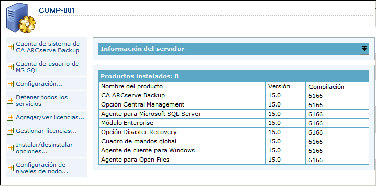 Administrador del servidor: propiedades, lista de productos instalados.