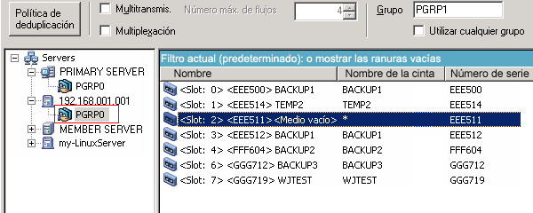 Gestor de copia de seguridad: se selecciona la ficha Destino. Se selecciona un servidor de organizador de datos de UNIX/Linux y el destino es una biblioteca compartida.