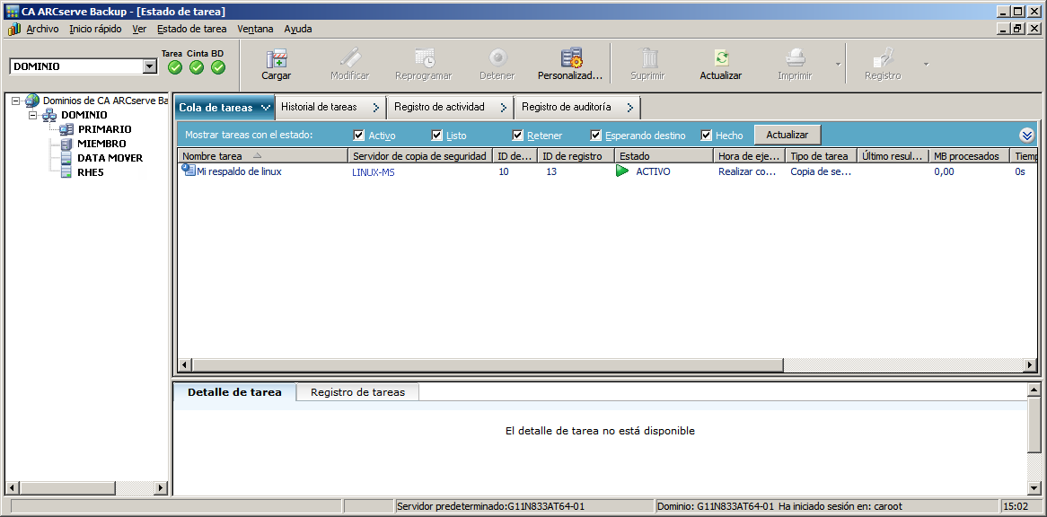 Gestor del estado de la tarea. Se selecciona un servidor de organizador de datos y contiene una tarea en la cola de tareas.