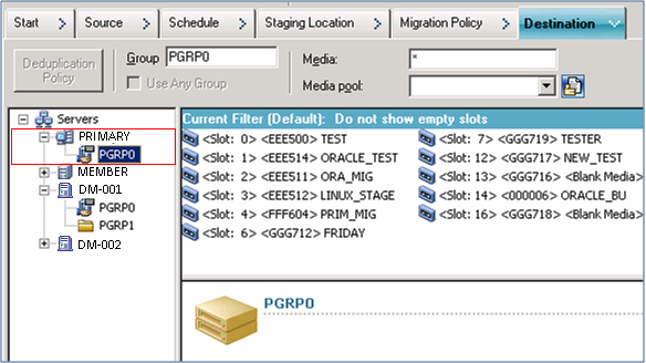 Ficha Destino del gestor de copia de seguridad El medio seleccionado se asocia con el dispositivo conectado al servidor primario.