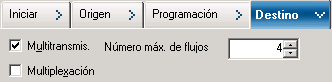 Ésta es la ventana Gestor de copia de seguridad con la ficha Destino seleccionada. Se especifica Multitransmisión. Se especifica Número máx. de flujos.