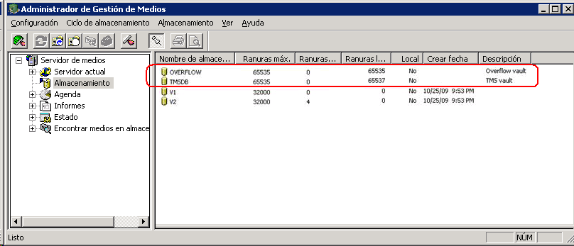 Las ventanas del administrador de gestión de medios muestran almacenes desconocidos.