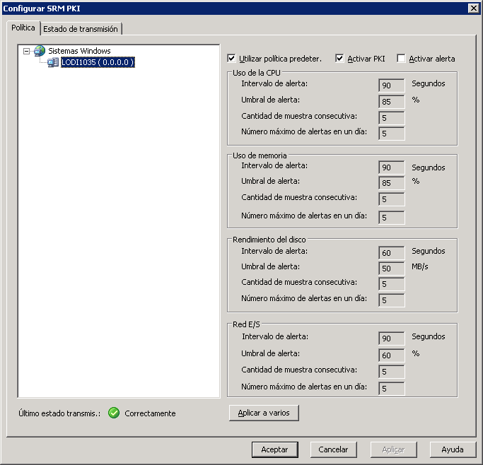 Cuadro de diálogo Configurar SRM PKI La opción Activar alerta queda resaltada.