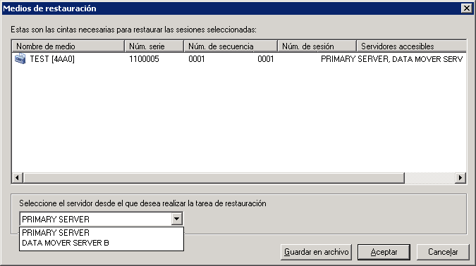 Cuadro de diálogo Medios de restauración. Tiene la opción de restaurar los datos de los que se han realizado copia de seguridad en los dispositivos compartidos en SAN directamente desde el servidor primario o el servidor de organizador de datos B.