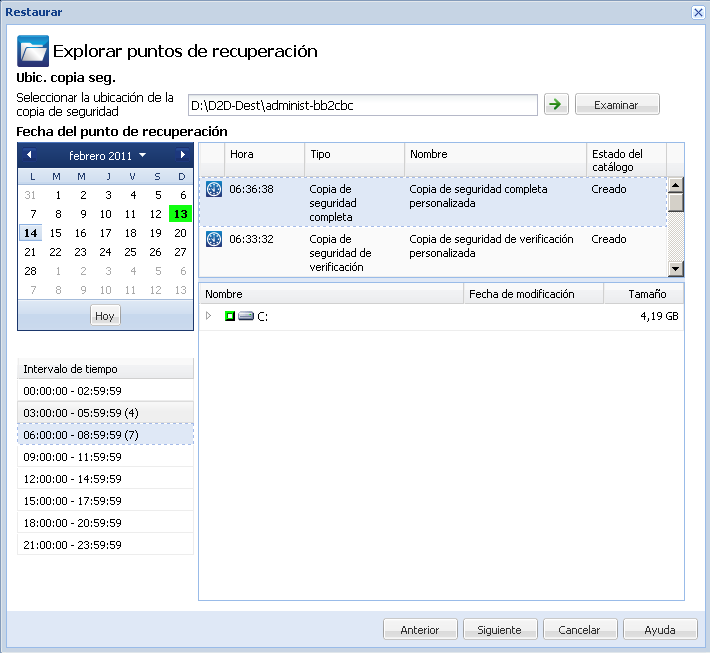 Cuadro de diálogo Explorar puntos de recuperación El botón Ayuda queda resaltado.