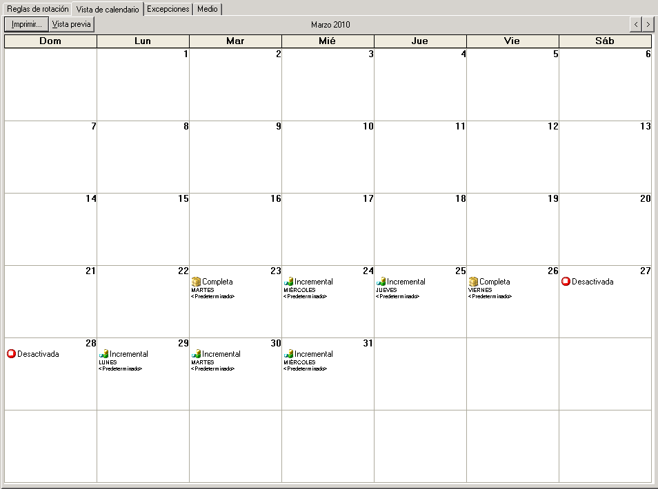 Ficha Programación del gestor de copia de seguridad. Está seleccionada la ficha Vista de calendario.