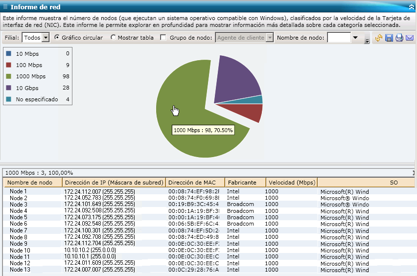 Informe de red: gráfico circular detallado