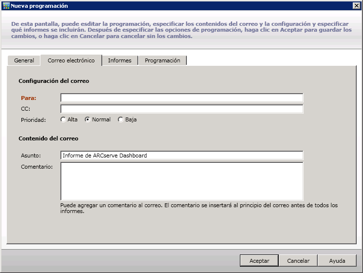 Programación de correo electrónico: ficha general