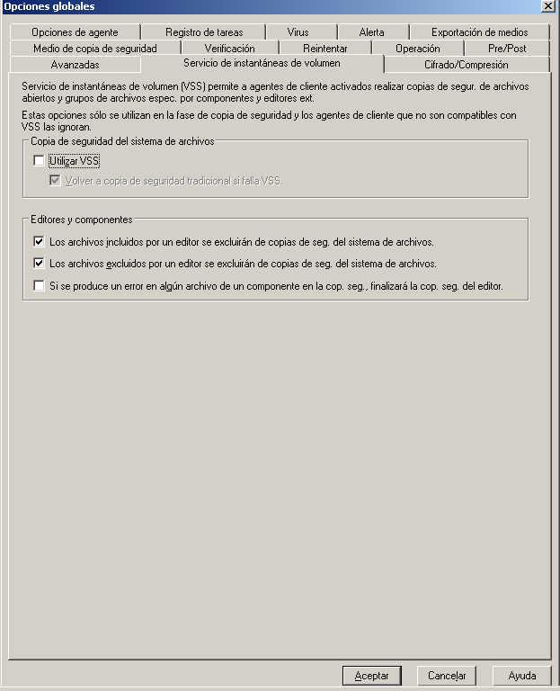 Ficha Servicio de instantáneas de volumen en el cuadro de diálogo Opciones globales
