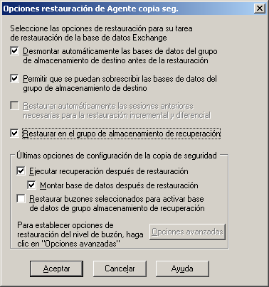 Opciones de restauración de nivel de base de datos de Exchange 