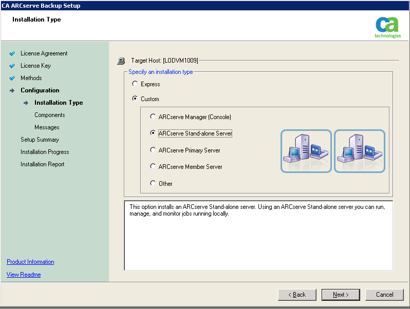 Configuración: Tipo de Instalación, Servidor independiente de ARCserve.