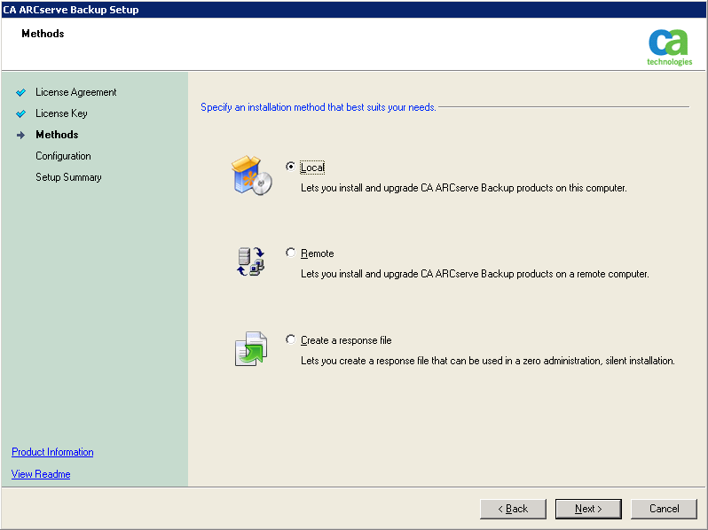 Configuración: Cuadro de diálogo Métodos. Se especifica el método de instalación local.