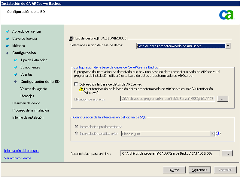 Configuración: Cuadro de diálogo Configuración de la base de datos