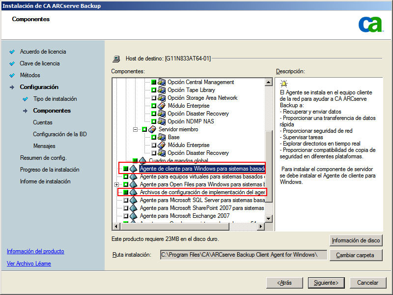 Configuración: Cuadro de diálogo Componentes, Agente de cliente para Windows y Paquetes de implementación del agente.