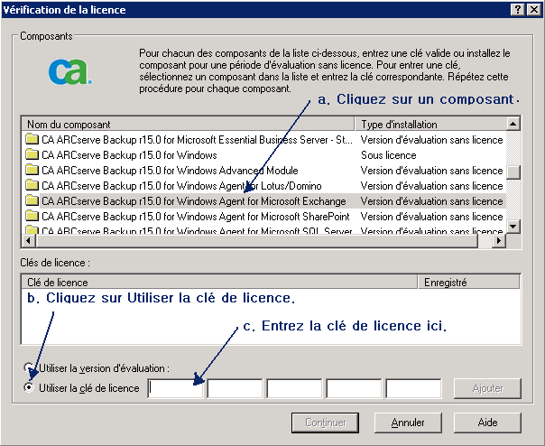 Boîte de dialogue Vérification de la licence