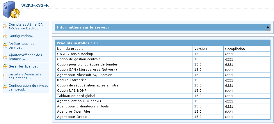 Server Admin - Propriétés - Liste des produits installés.