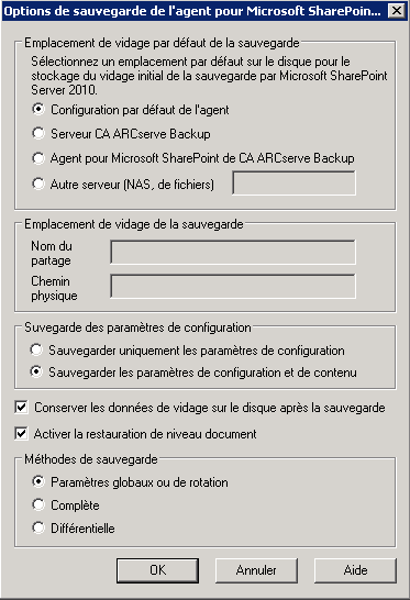 Boîte de dialogue Options de sauvegarde dans SharePoint 2010