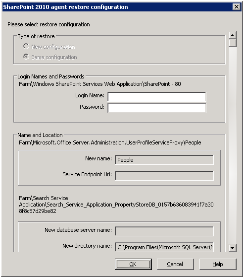 Boîte de dialogue Paramètres de configuration de restauration dans SharePoint Server 2010
