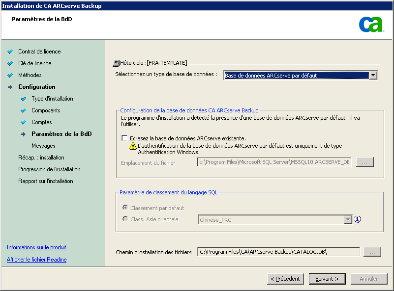 Configuration : Boîte de dialogue Paramètres de la base de données
