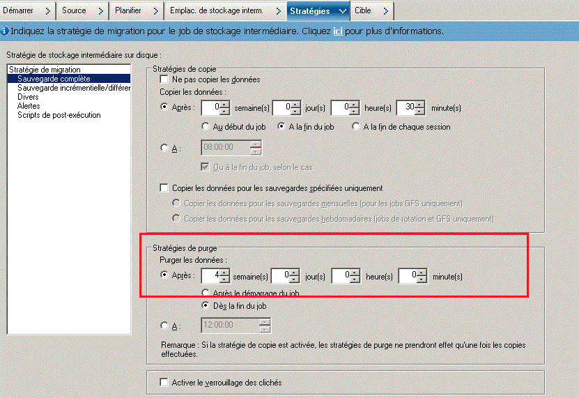 Onglet Stratégies du gestionnaire de sauvegarde - Schéma de rotation avec sauvegarde complète synthétique