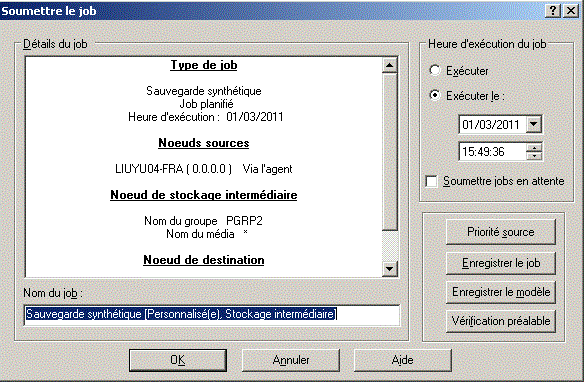 Boîte de dialogue Soumettre le job - Job de sauvegarde complète synthétique - Schéma de rotation