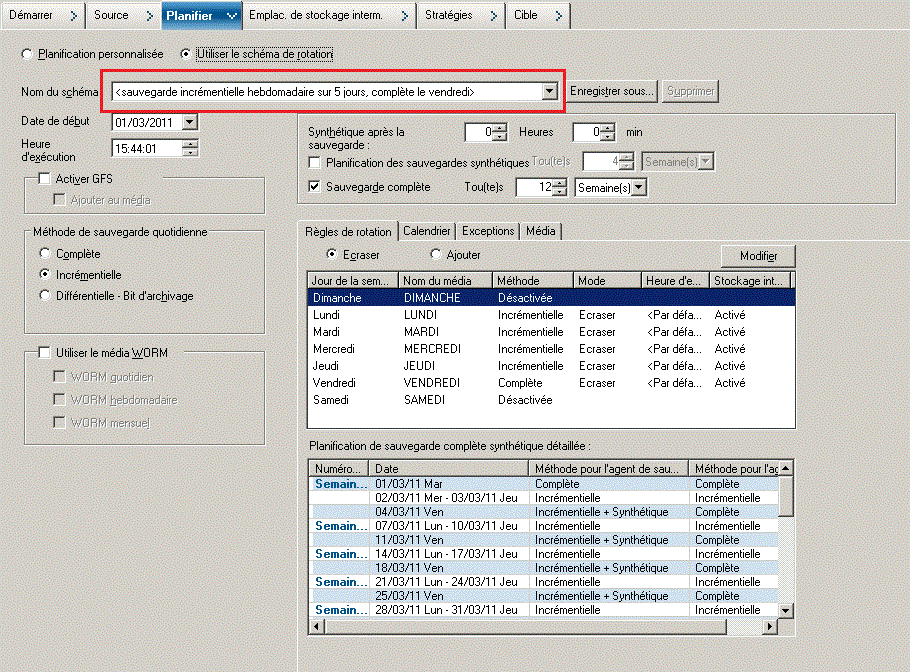 Onglet Planifier du gestionnaire de sauvegarde - Activation de l'option GFS pour la sauvegarde complète synthétique