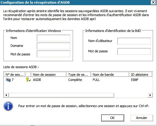 Configuration de la récupération d'ASDB