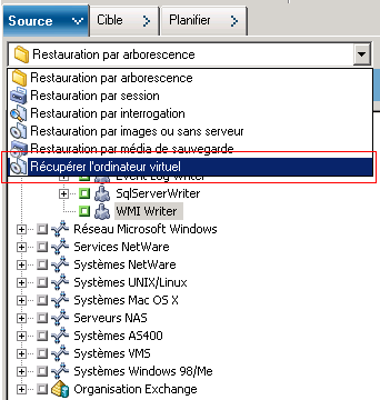 Fenêtre de gestionnaire de restauration avec l'onglet Source sélectionné. La méthode de restauration Récupérer les ordinateurs virtuels est sélectionnée.