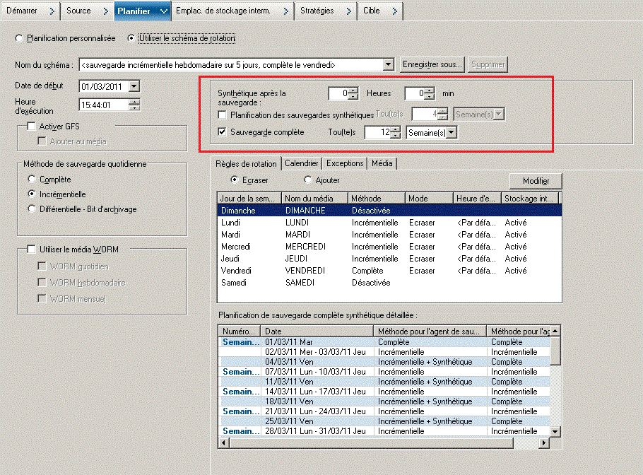 Définition d'une stratégie synthétique pour la sauvegarde complète synthétique à l'aide d'une planification personnalisée
