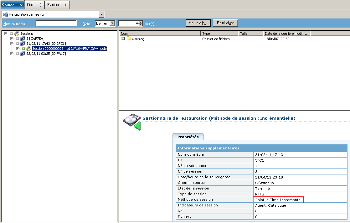 Onglet Source de restauration à un point dans le temps affichant des sessions