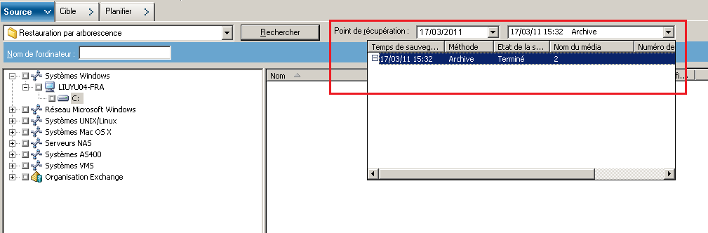 Sélectionnez une source pour soumettre un job de restauration à un point dans le temps.
