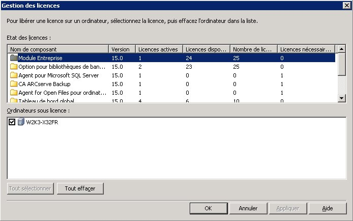 Boîte de dialogue Gestion des licences - Affiche le nombre de licences appliquées et les serveurs associés à la licence sélectionnée.