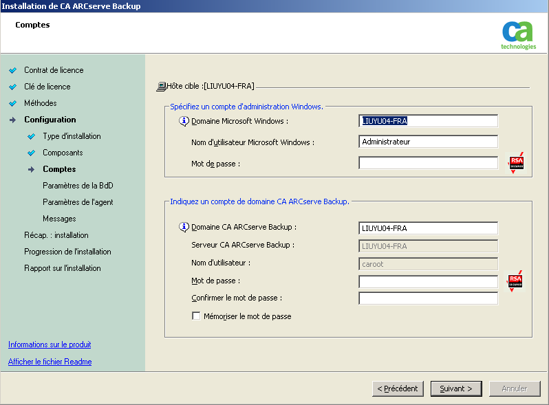 Configuration : Boîte de dialogue Comptes.