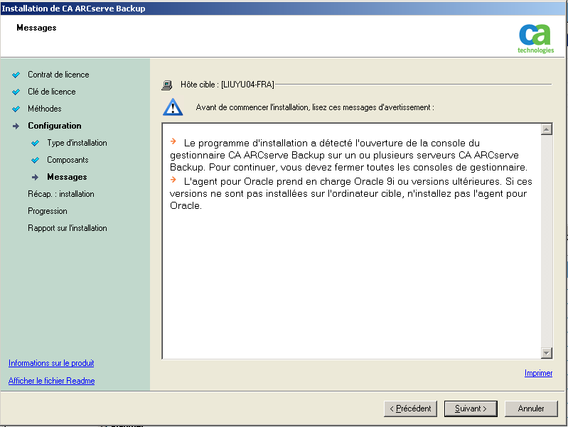 Installation : boîte de dialogue Messages.