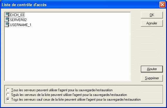Boîte de dialogue Liste de contrôle d'accès de l'administrateur de l'agent de sauvegarde
